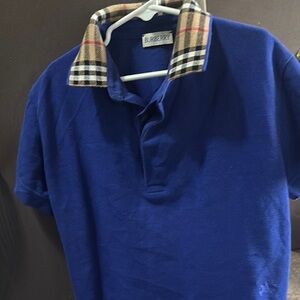 Burberry Blue Polo Shirt with Plaid Collar